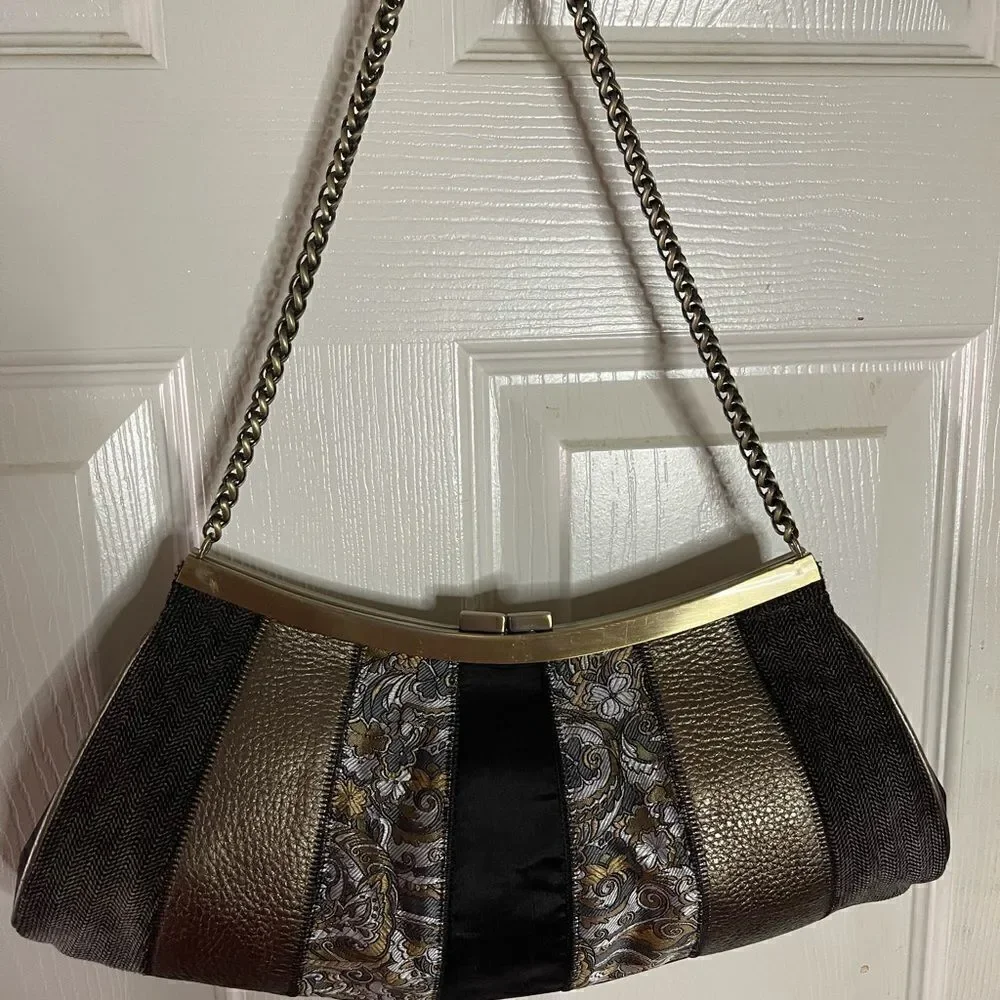 Talbots vintage black,copper & gray clutch with  a rustic gold tone chain